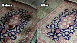 Before and after comparison showing the cleaning of a patterned Oriental rug